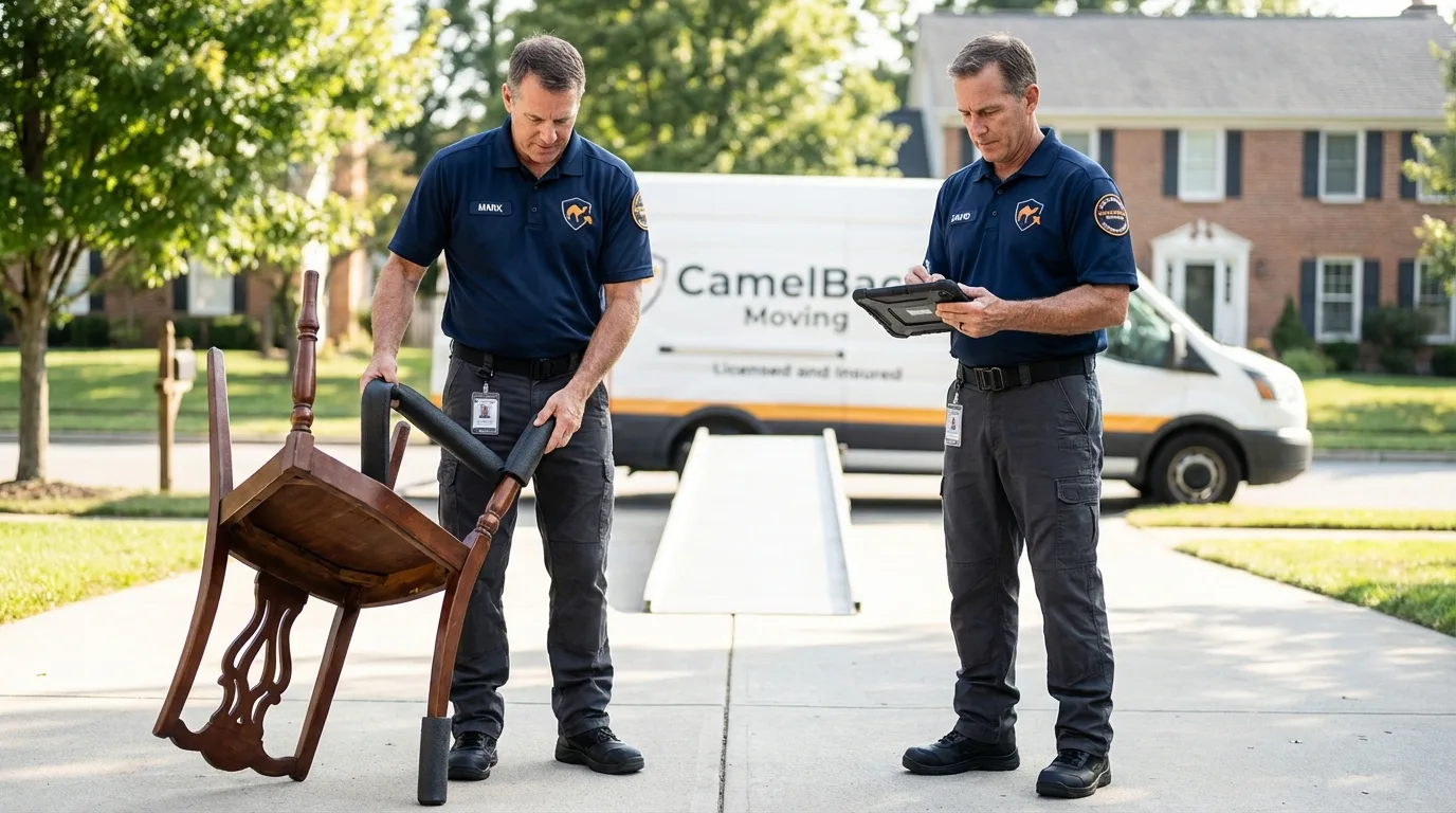 Movers inspecting furniture for damage prevention before loading in Batesville, IN