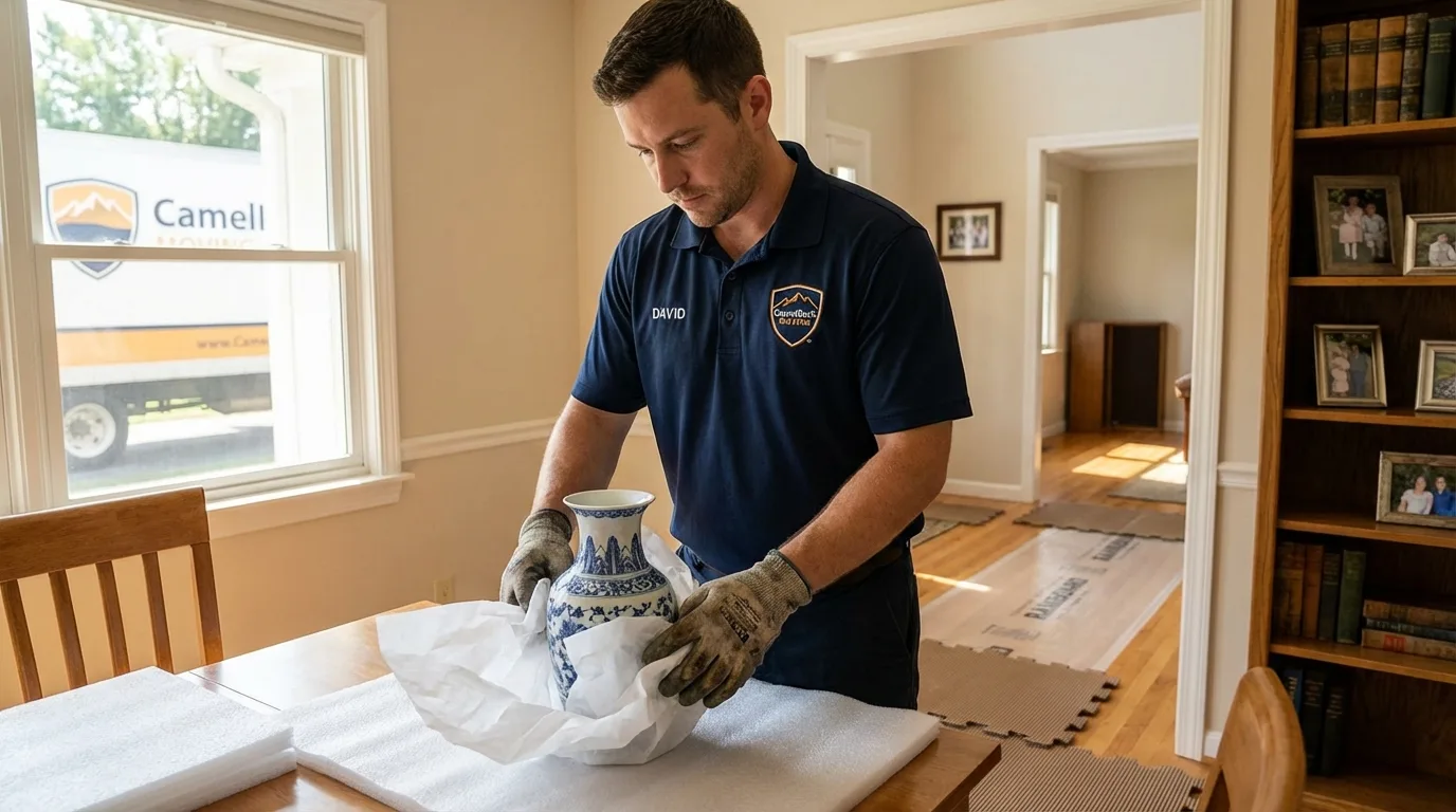 Professional crew carefully wrapping antique vase for senior downsizing move in Batesville, IN